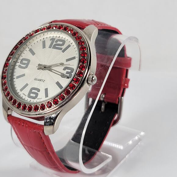 Red Crystal Bezel Quartz Watch with Leather Strap, Analog Display, 40mm Case - Picture 10 of 16